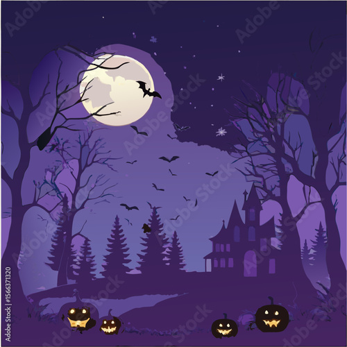 Spooky Halloween night background with haunted house, pumpkins, and bats silhouettes under a full moon