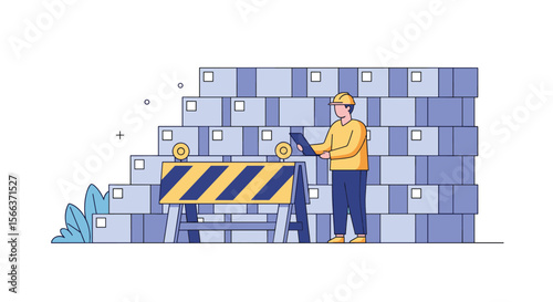 Construction worker installing safety barriers around a building site with digital elements representing data or technology