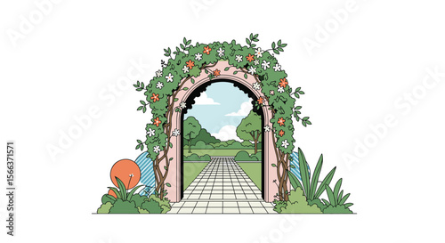 A picturesque garden archway adorned with blooming roses frames a serene landscape view with a winding path leading towards the horizon under a clear blue sky with fluffy white clouds