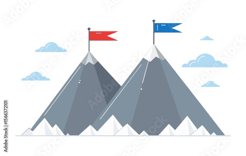 Mountain Peaks with Red and Blue Flags – Minimalist Vector Landscape for Achievement and Exploration Themes