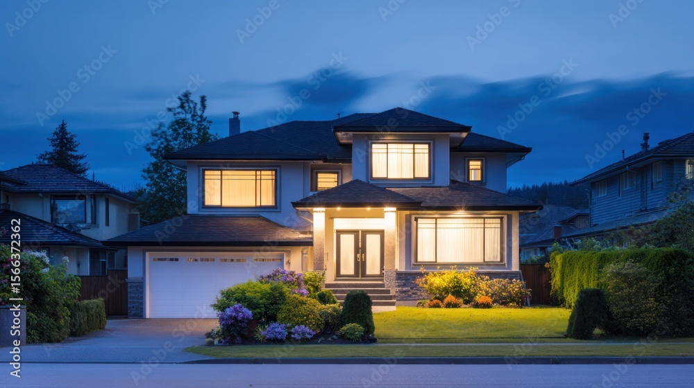 Fototapeta premium A cozy suburban home glowing at dusk, where warmth meets the tranquil blue hour.