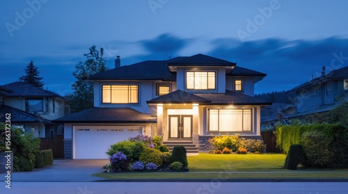 A cozy suburban home glowing at dusk, where warmth meets the tranquil blue hour.