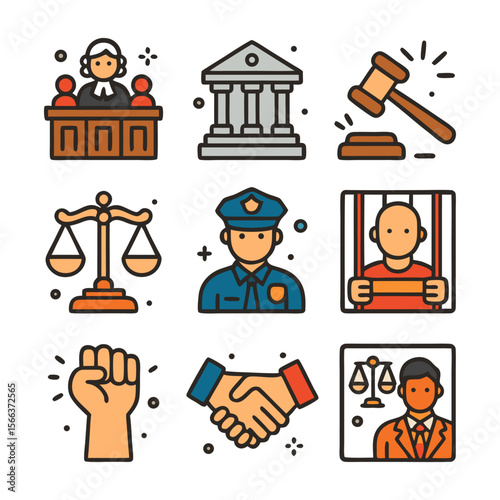 A collection of law and justice themed icons including a judge, scales, gavel, police officer, and prisoner.