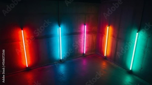 Neon light tubes in various colors illuminating a dark space  