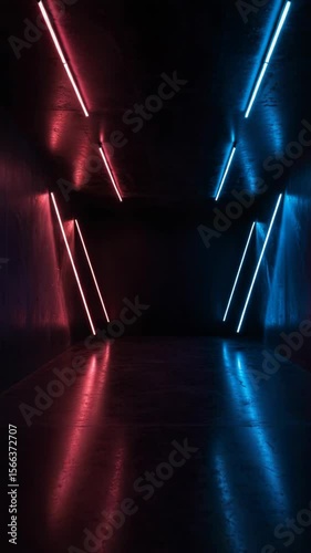 Colorful neon lights illuminating an empty hallway with reflections  