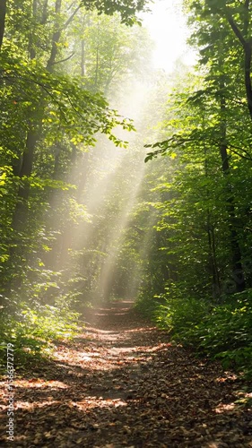 Sunlight filtering through trees on a forest path in summer  