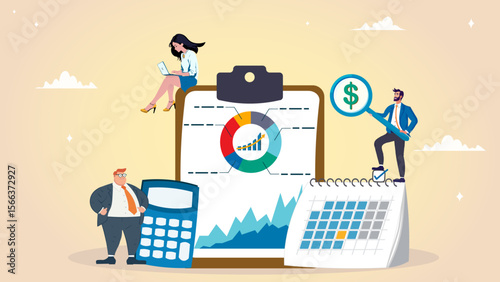 Accounting or budget planning, financial report calculation, expense analysis, tax report document, statistic chart and graph concept, businessman with calculator on accounting analysis clipboard.