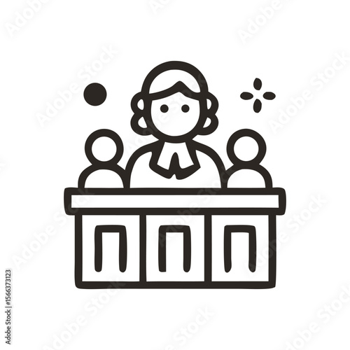 A judge presiding over a courtroom scene, depicted as a simple, black line drawing.