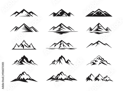 Bold Black Vector Silhouette Icon Set for Mountain Landscape Designs