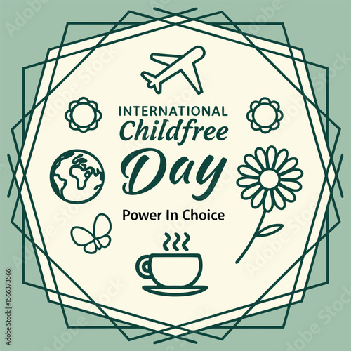 International Childfree Day Graphic with Airplane, Flowers, and Coffee Cup