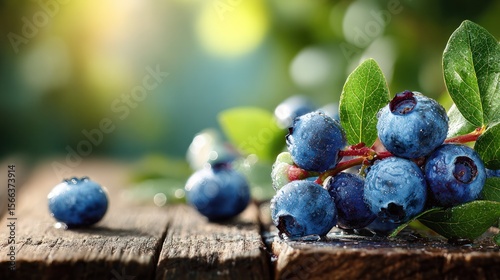 Fresh blueberries with leaves on textured wooden surface, symbolizing natural goodness and purity