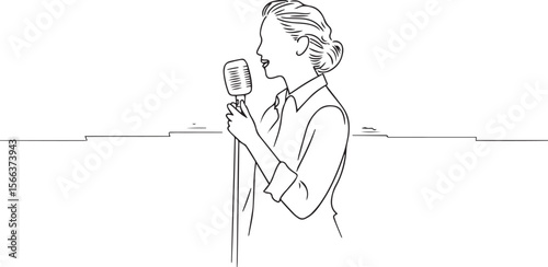 continuous line drawing of a figure speaking into a microphone with one hand gesturing in modern black and white style