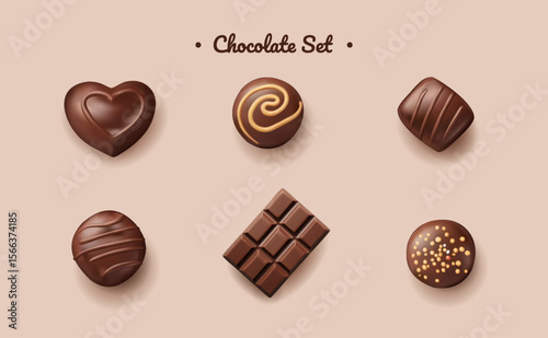 Realistic Chocolate Pralines Set Displayed on a Light Background