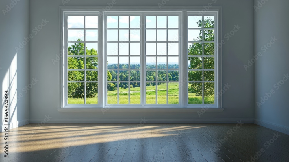 Fototapeta premium Empty room with large windows and a scenic view