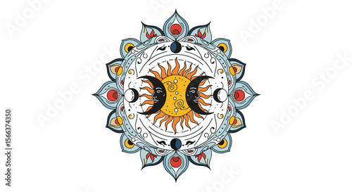 Intricate celestial mandala featuring sun and crescent moons symbolizing cosmic harmony and cycles of nature
