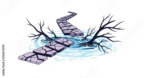 Navigating through challenges a stepping stone path through troubled waters and bare trees