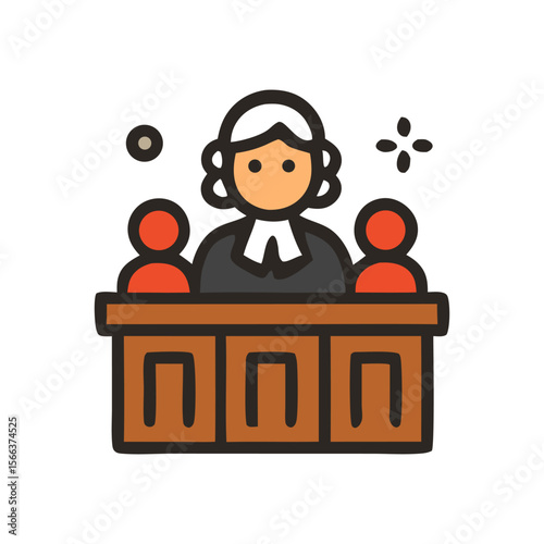 Cartoon illustration of a judge presiding over a courtroom with two figures.