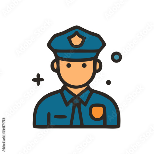 Cartoon illustration of a police officer wearing uniform and hat with badge.