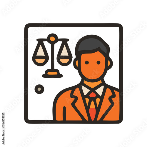 Icon of a lawyer or judge with scales of justice in the background.