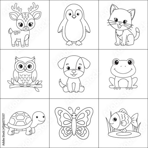 Collection of nine outlined cartoon animals in a grid for coloring or educational use
