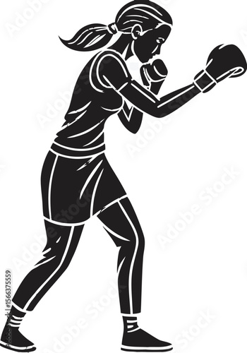 female boxer in ready stance black silhouette