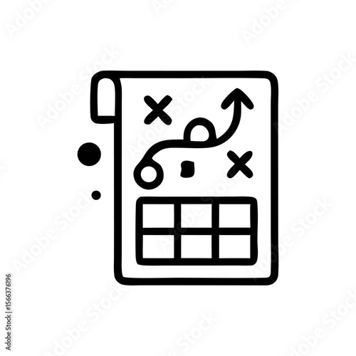 A schematic plan is illustrated with an arrow, grid, and X marks on a sheet of paper.