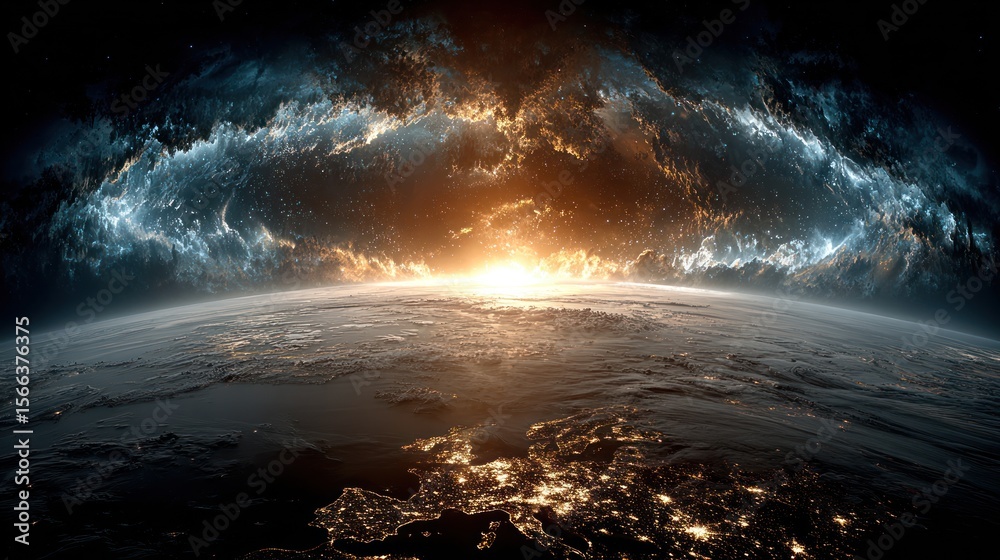 Fototapeta premium Planet sunrise cosmic nebula space exploration galaxy view starry night celestial universe astronomy