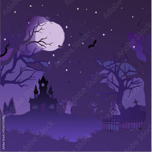 Spooky Halloween night landscape vector illustration with a haunted castle and bats silhouetted against a moonlit sky