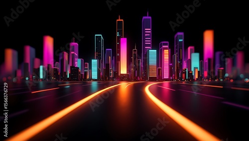 Glowing neon city skyline at night