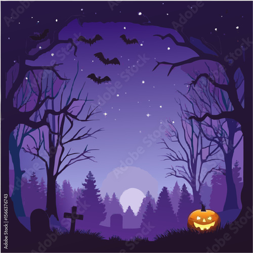 Halloween night landscape with a full moon, dark trees, and glowing pumpkins
