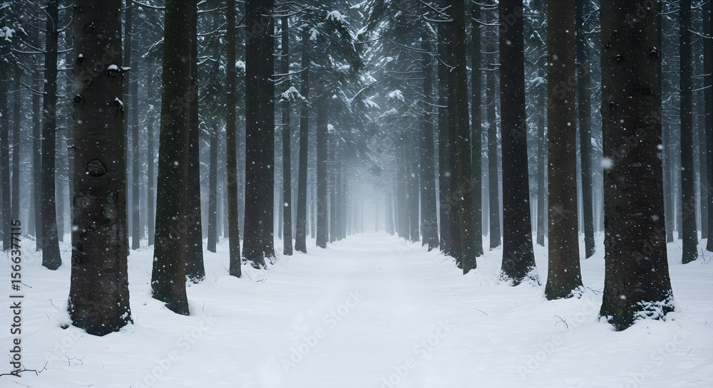 Fototapeta premium Snowy Path Through a Dense Evergreen Forest in Winter