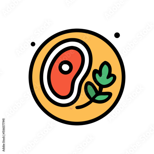 A stylized illustration showing a steak on a plate, garnished with a sprig of green herbs.