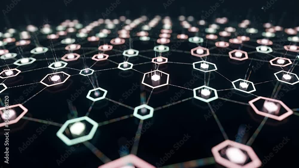 A network of glowing hexagonal nodes connected by thin lines on a dark background