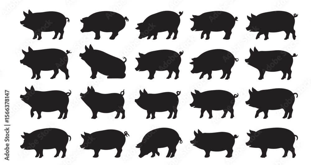 Fototapeta premium Silhouette Collection of Pigs Various Poses Vector Illustration Farm Animals Mammals Livestock Imagery Swine Characters Piglets Farmhouse Decor Animal Graphics