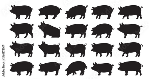 Silhouette Collection of Pigs Various Poses Vector Illustration Farm Animals Mammals Livestock Imagery Swine Characters Piglets Farmhouse Decor Animal Graphics