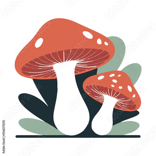 Stylized illustration of two red and white spotted mushrooms with green and dark blue abstract organic shapes on a white background