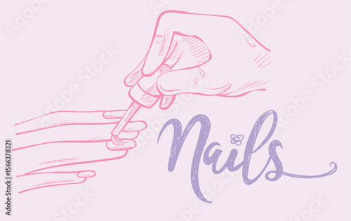 Manicured Female Hands And Applying Nail Polish On Fingernails, doodle style. vector illustration