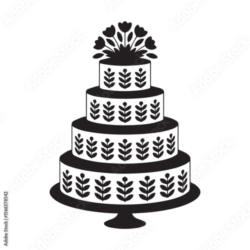 Elegant black and white silhouette of a multi tiered wedding cake adorned with decorative floral patterns and a bouquet of flowers on top