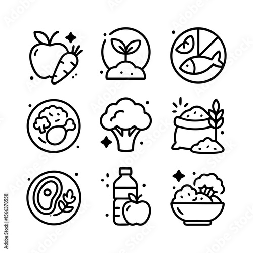 Collection of line art icons representing healthy food choices: fruits, vegetables, fish, meat, and grains.