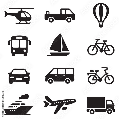 Collection of black transportation icons including a helicopter pickup truck hot air balloon bus sailboat bicycles car minivan cruise ship airplane and truck