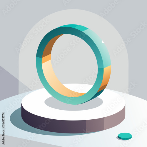 Abstract geometric ring sculpture displayed on a minimalist pedestal in a studio setting