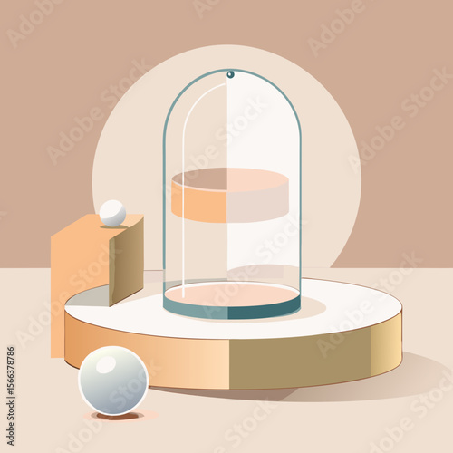 Minimalist geometric display with spheres and glass dome on a neutral background