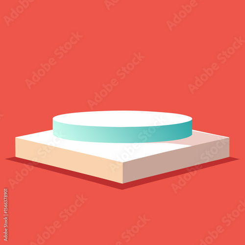 Minimalist geometric stage with two levels in pastel colors on red background
