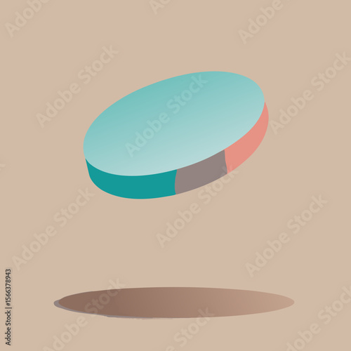 Abstract floating disc with segments in teal gray and coral on a neutral background
