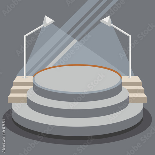 Empty spotlighted stage with circular platform and tiered steps