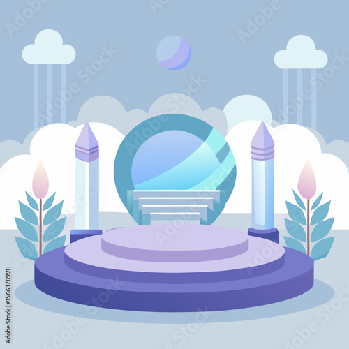 Futuristic stage with glowing pillars and a circular portal in a dreamlike landscape