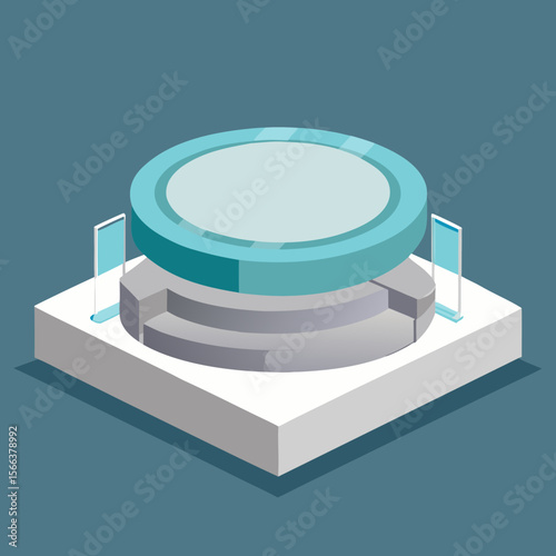 Modern isometric stage podium with circular platform and display screens