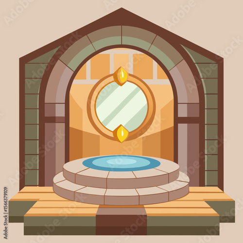 Fantasy ancient stone altar with water basin and circular window