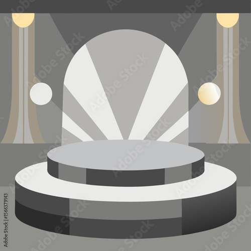 Illuminated stage podium with art deco inspired backdrop and spotlight
