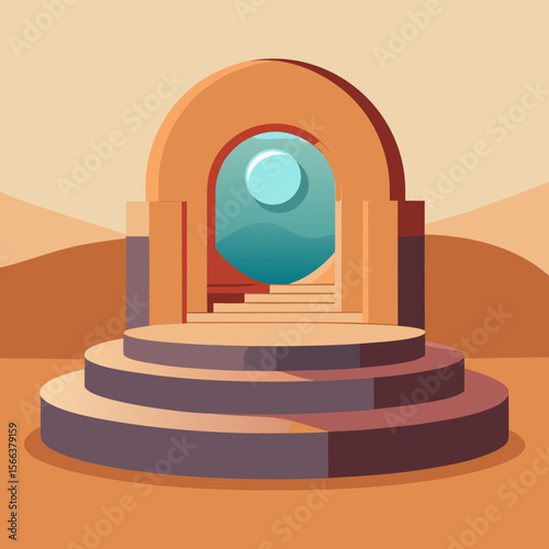 Abstract geometric stage with circular portal and serene landscape view